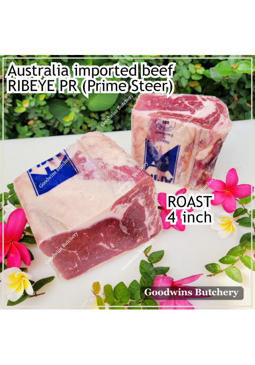 Beef Ribeye AUSTRALIA PR STEER (prime young cattle) AGED by Goodwins brand AMH FROZEN roast cuts 4" 10cm +/- 1.2kg price/kg (Scotch-Fillet / Cube-Roll)